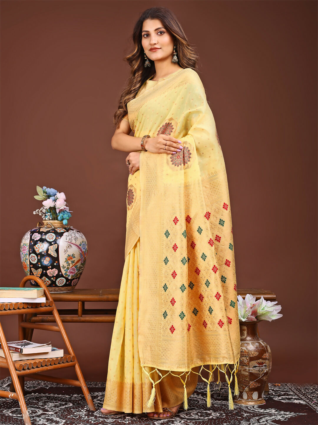 Shree Shyam Fashion Neerja Yellow Linen Cotton Saree