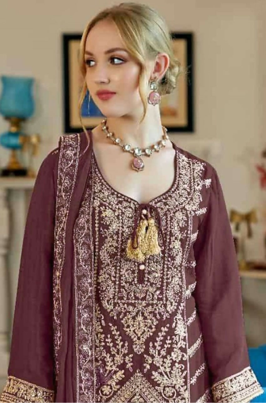 Anaita Brown Vichitra Simar With Embroidery Coding Sequence Stitched Salwar Suit - Distacart