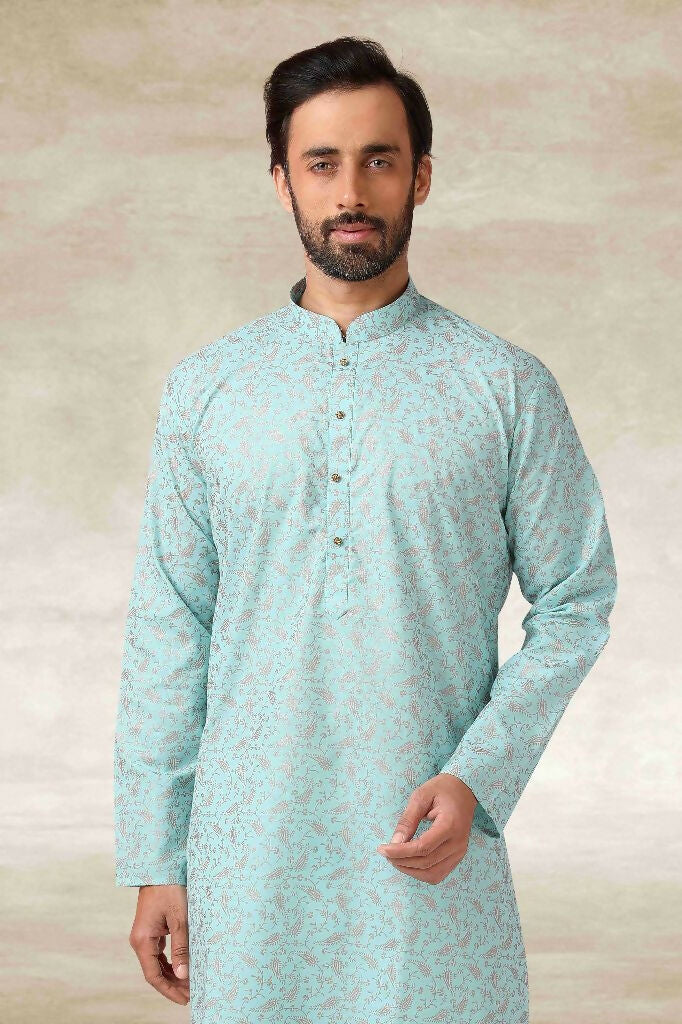 Raivat Ethnic Cotton Printed Work Kurta Pajama In Sea Green Colour