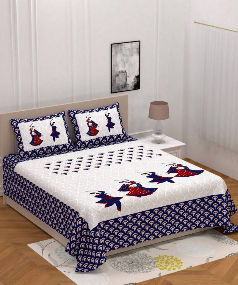 Vamika Printed Cotton Garba Blue Bedsheet With Pillow Covers (PM Garba Blue)