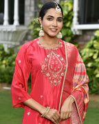 Vaasva Women's Silk Red Emboidered Solid Kurta, Sharara & Dupatta Set