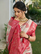 Shree Shyam Fashion Cream With Red Silk Blend Saree - Distacart