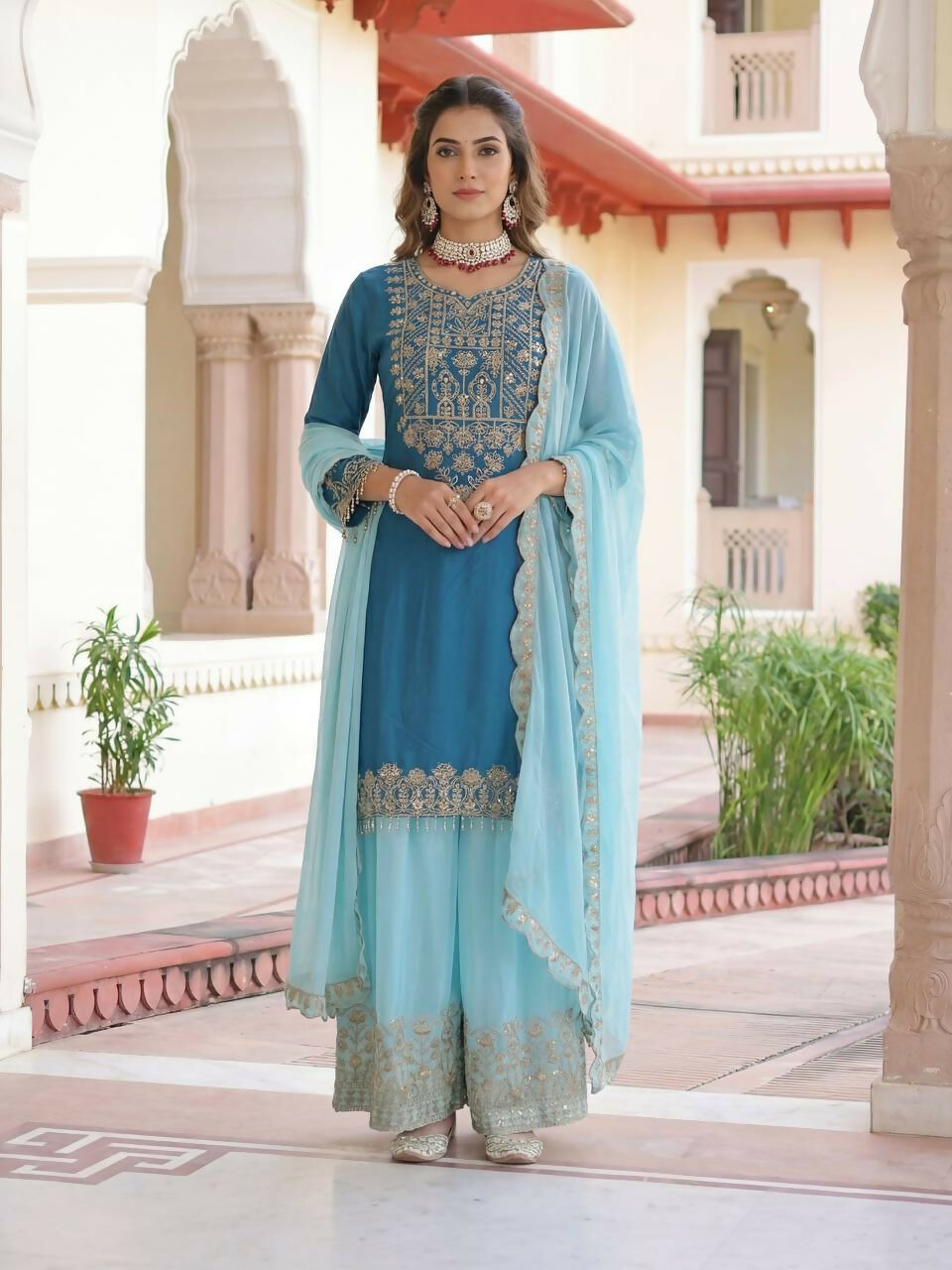 Joban Fashion Blue Silk Embroidered Sharara Set - Distacart