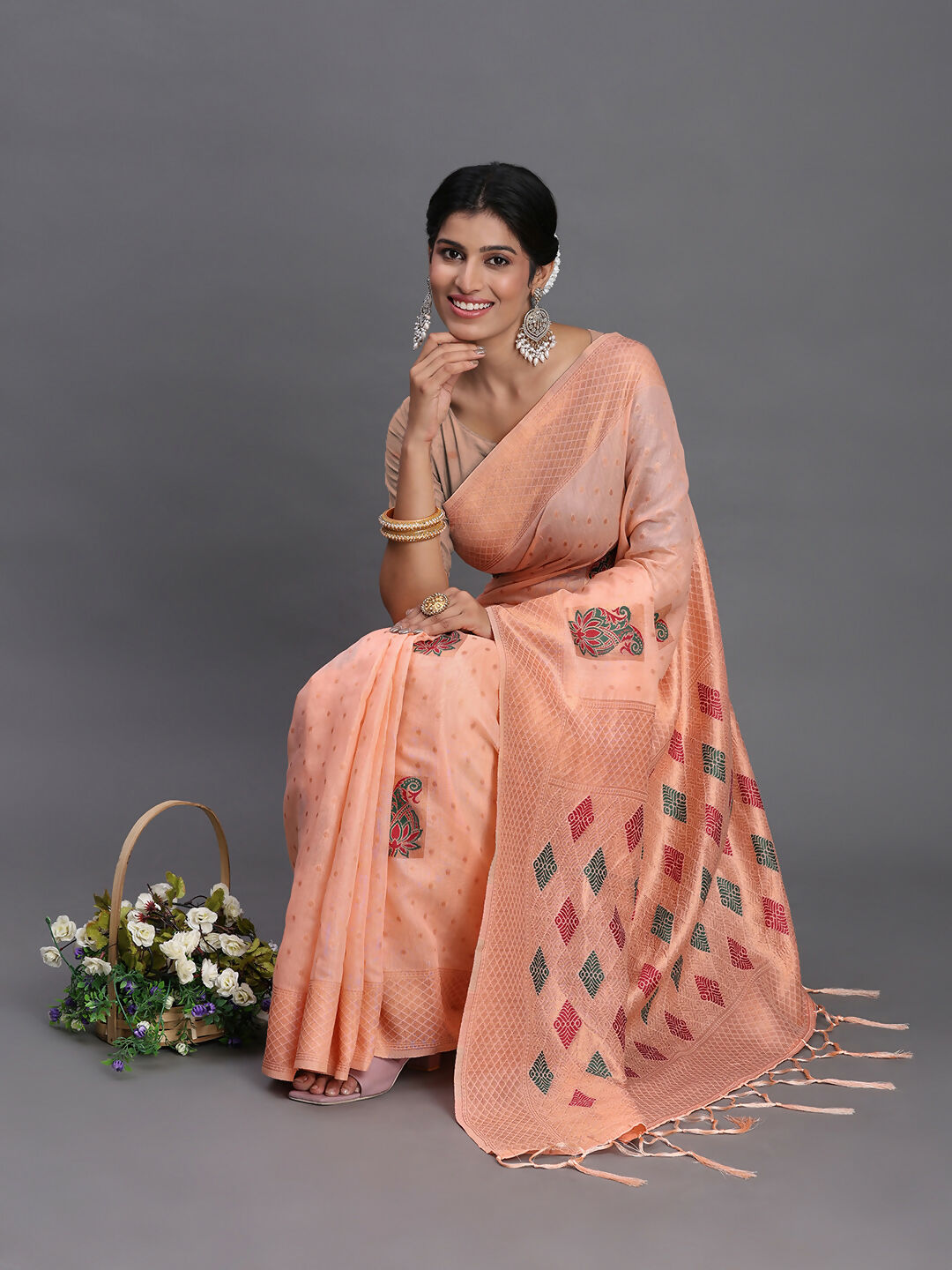 Shree Shyam Fashion Linen Cotton Peach Saree - Distacart