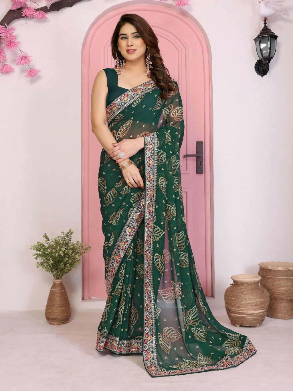 Ai Fashion Green Georgette Rajwadi Bandhani Print Party Wear Saree - Distacart