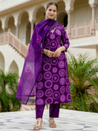 The52 Purple Women's Gorgeous Rayon Embroidered Straight Kurta with Pant And Dupatta Set - Distacart