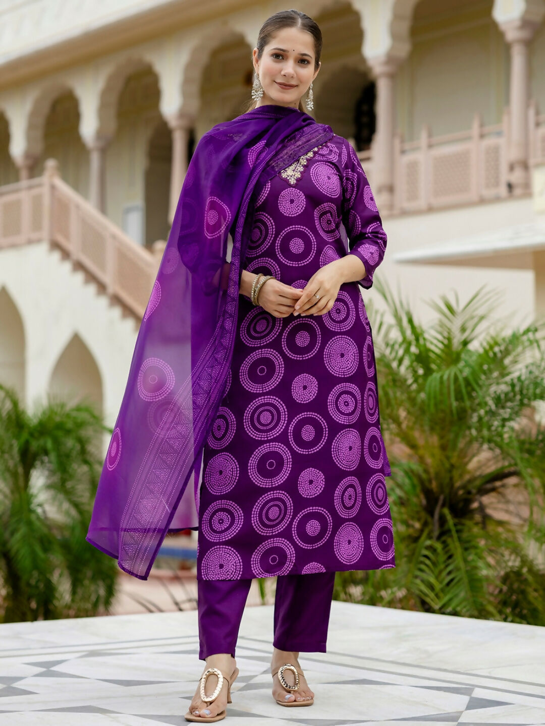 The52 Purple Women's Gorgeous Rayon Embroidered Straight Kurta with Pant And Dupatta Set - Distacart