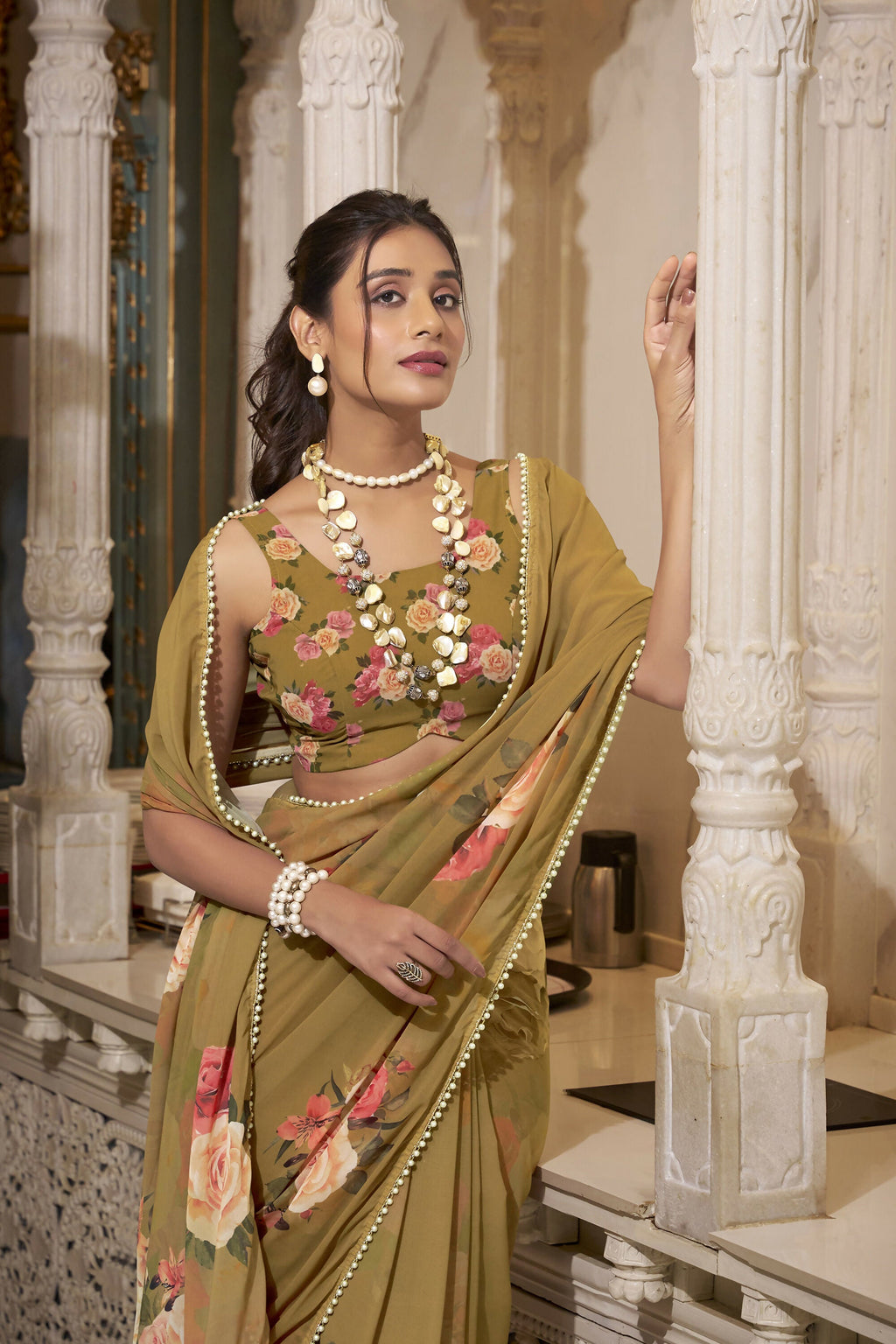 Vastranavya Brown Spectacular Georgette Printed with Pearl Lace Saree with Unstitched Blouse - Distacart