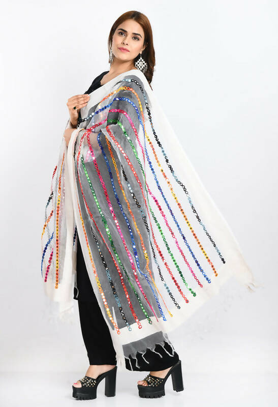 Mominos Fashion Moeza Women's Orgenza Multi Thread Mirror Work White Dupatta - Distacart