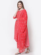 Myshka Red Color Cotton Printed Kurta With Pant Dupatta Set