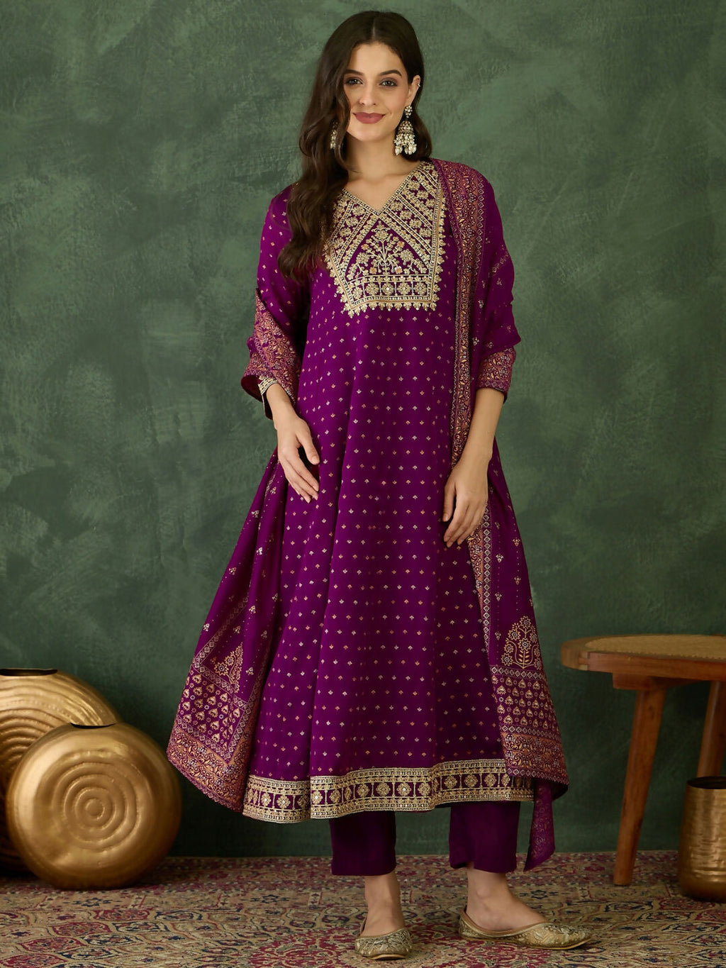 The52 Wine Women's Gorgeous Embroidered Work Vichitra Silk Fabric Flared Kurta Pant and Dupatta Set - Distacart