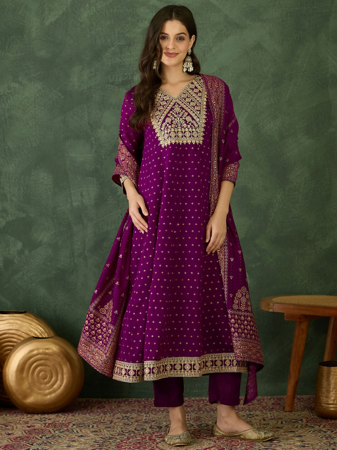 The52 Wine Women's Gorgeous Embroidered Work Vichitra Silk Fabric Flared Kurta Pant and Dupatta Set - Distacart