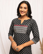 FIORRA Women's Floral Printed Black Cotton Straight Kurta