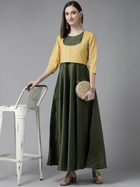 Ahalyaa Womens Olive Art Silk Solid Dress with Jacket