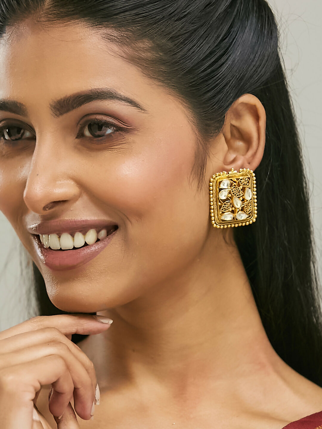Nuyug 22K Gold-Plated Kundan & Filigree Concept Rectangular Leafy Studs - Distacart