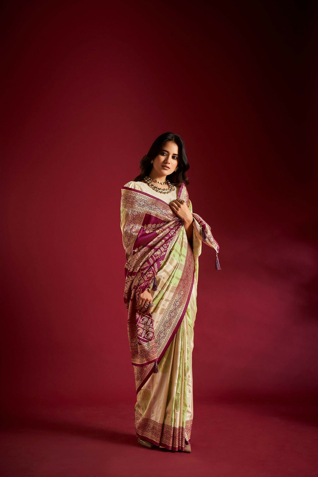 Joban Fashion Cream & Parrot Green Plain With Weaving Border Banarasi Silk Sarees