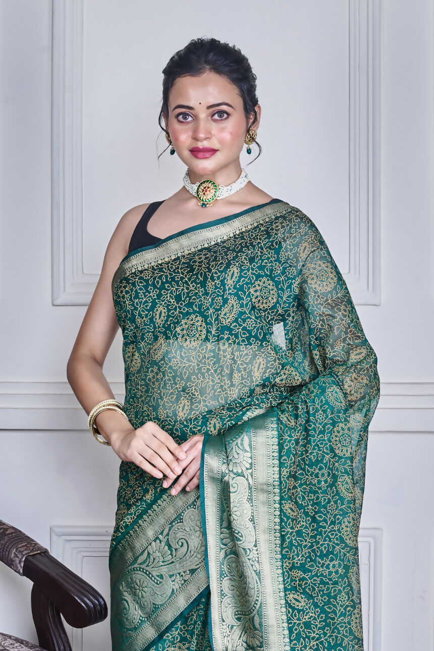 Morchari Green Script Printed Orzanga Saree Unstitched Blouse - Distacart