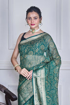 Morchari Green Script Printed Orzanga Saree Unstitched Blouse - Distacart