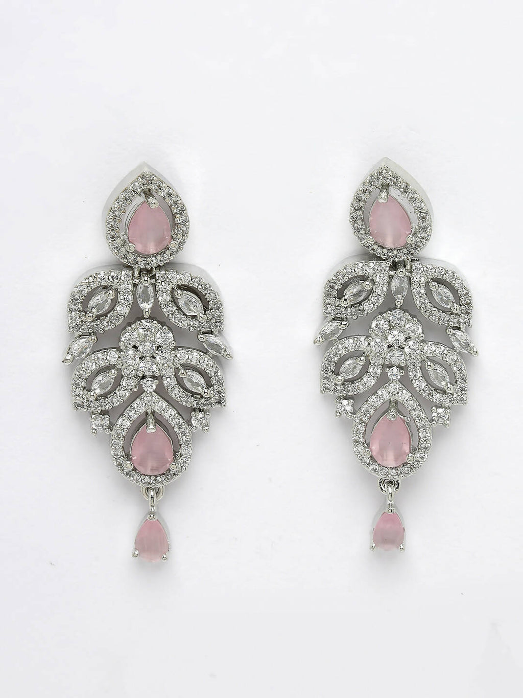NVR Women Silver Plated & Pink Cz Stone Handcrafted Jewellery Set