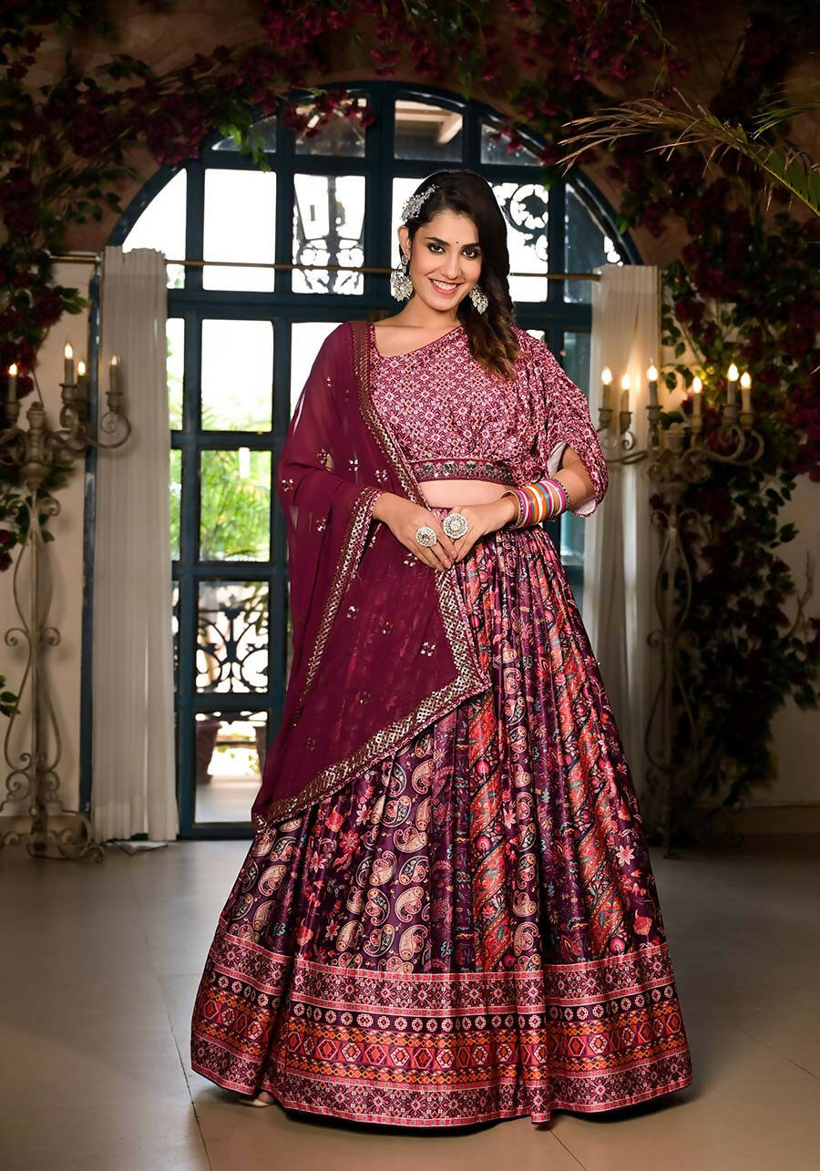Women's Wedding Traditional Mulberry Dull Satin Lehenga Choli - Kaushlya