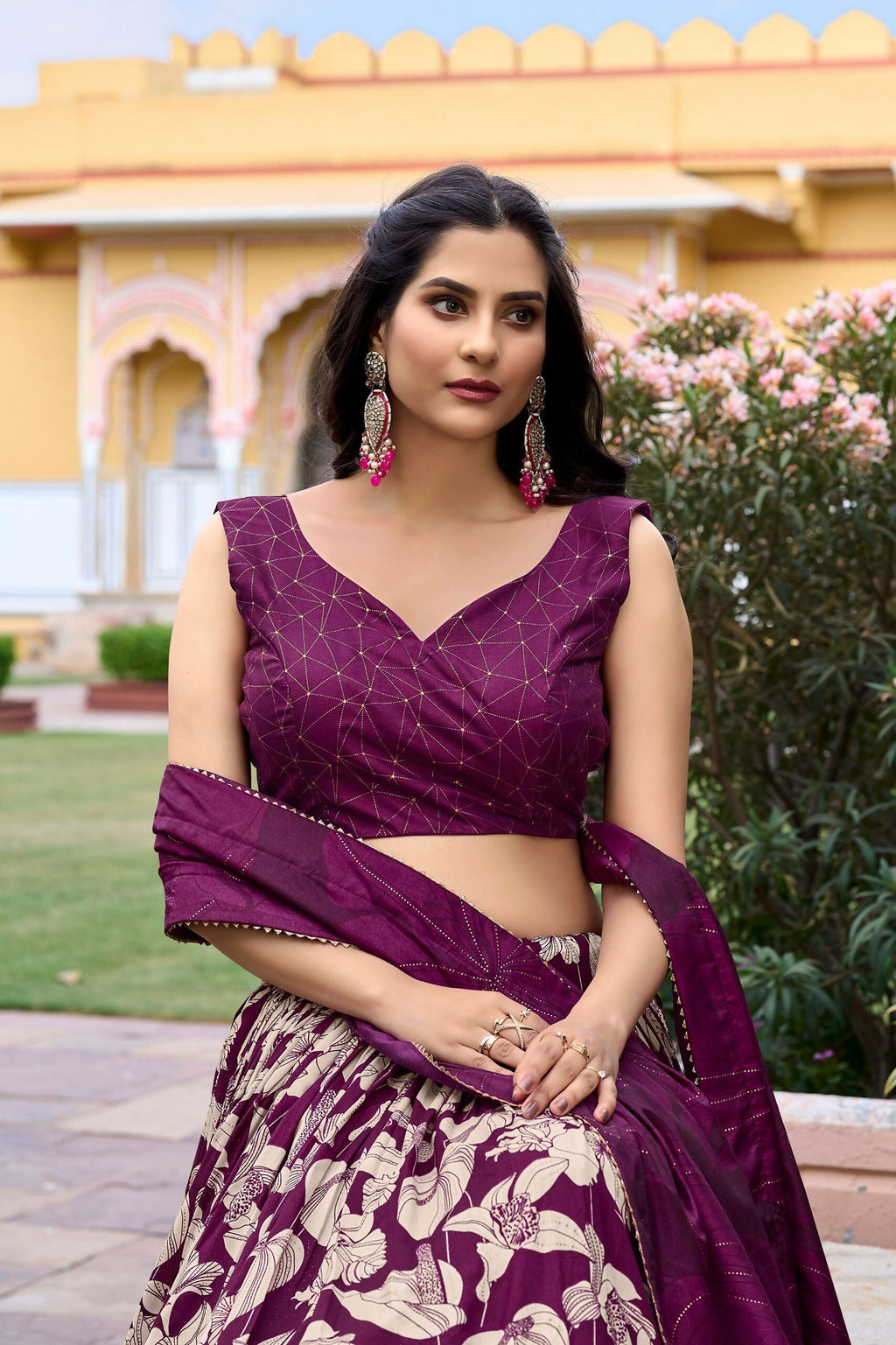Vastranavya Ethnic Look Tussar Silk Floral Printed With Foil Work Indian Lehenga Choli - Wine