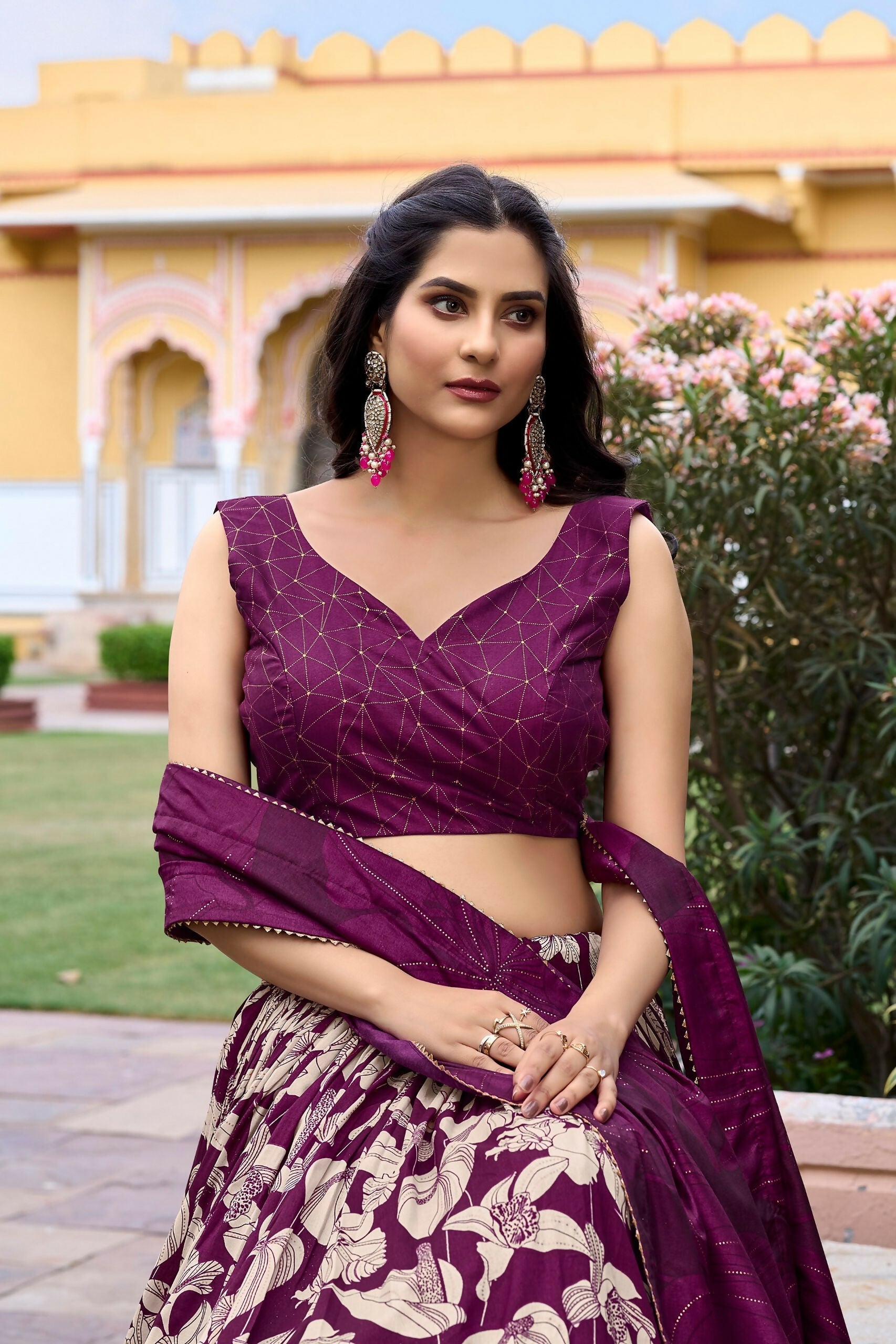 Vastranavya Ethnic Look Tussar Silk Floral Printed With Foil Work Indian Lehenga Choli - Wine