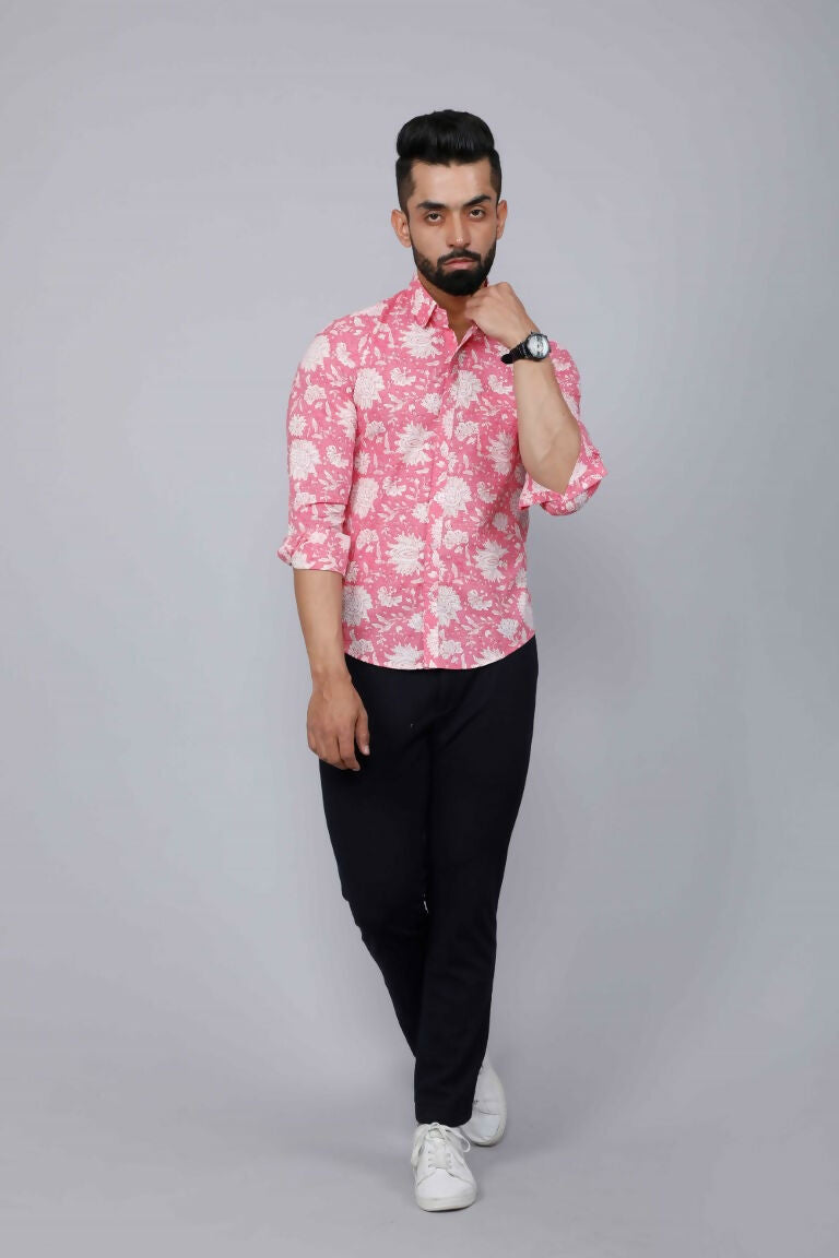 Miravan Men's Pink Floral Print Comfort Cotton Casual Shirt
