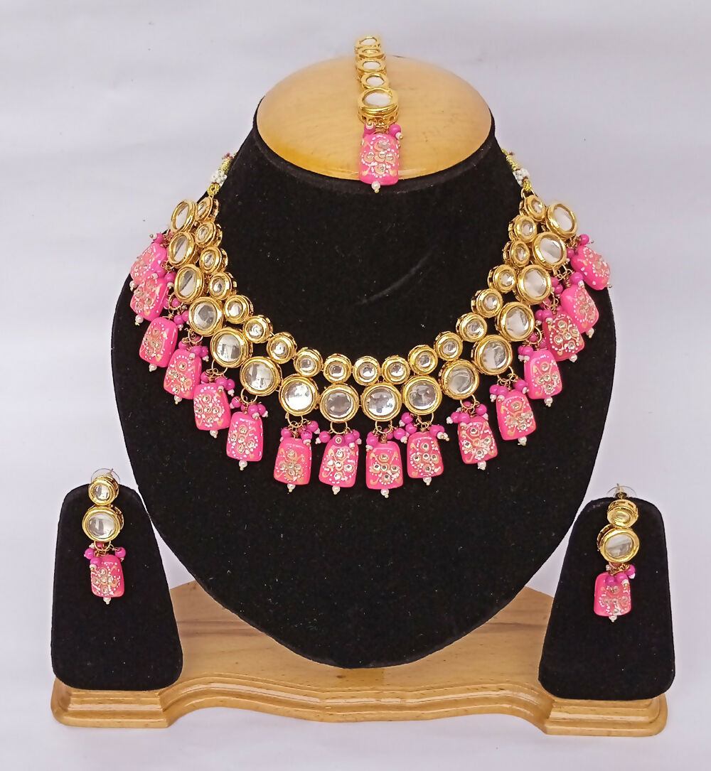 Joban Fashion Pink Kundan Work Necklace Set
