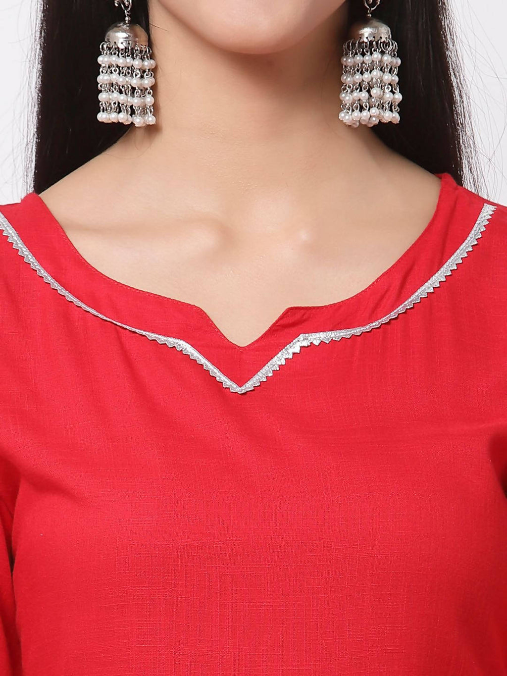Myshka Red Cotton Solid 3/4 Sleeve Square Neck Casual Kurta Pant Dupatta Set