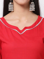 Myshka Red Cotton Solid 3/4 Sleeve Square Neck Casual Kurta Pant Dupatta Set