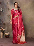 Joban Fashion Red Floral & Botanical Motifs Satin Silk Banarasi Silk Saree - Distacart