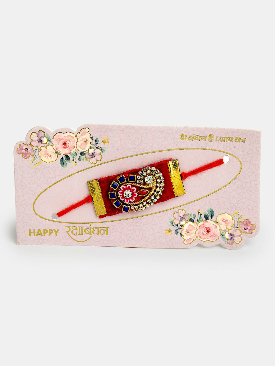 NVR Men Red Stone-Studded Rakhi With Roli Chawal & Chocolate - Distacart