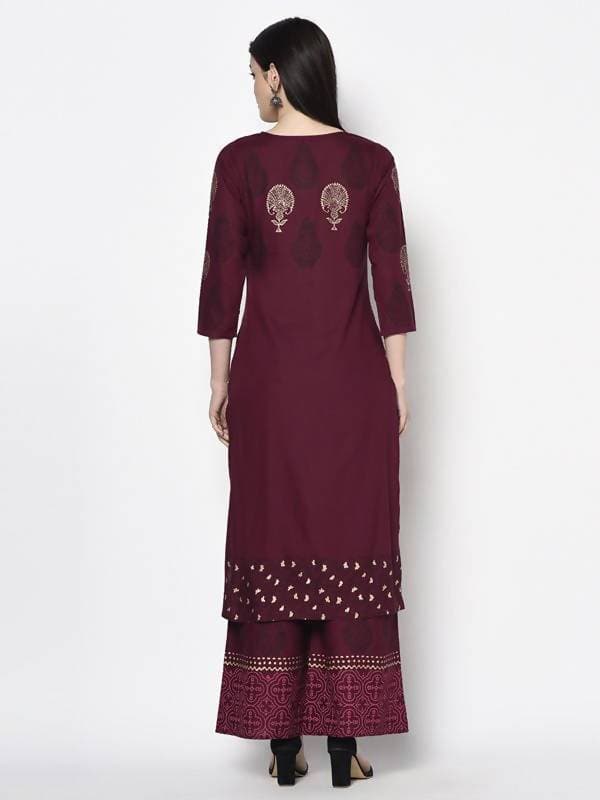 Aniyah Rayon Wine Color Block Print Straight Kurta (AN-175K)
