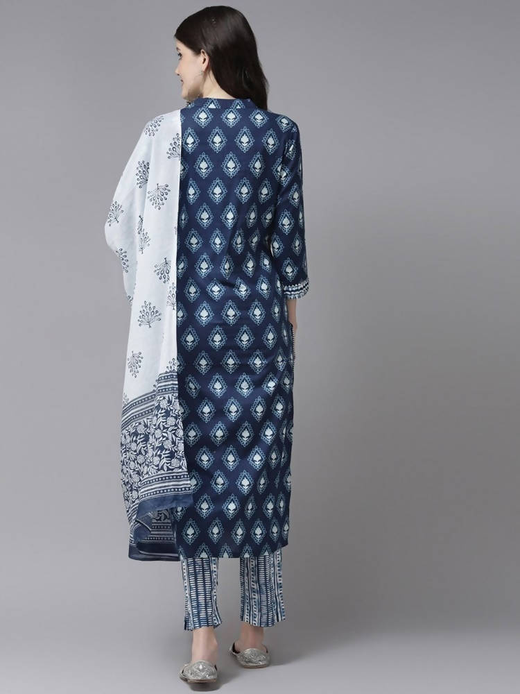 Yufta Women Blue & White Printed Pure Cotton Kurta with Trouser & Dupatta