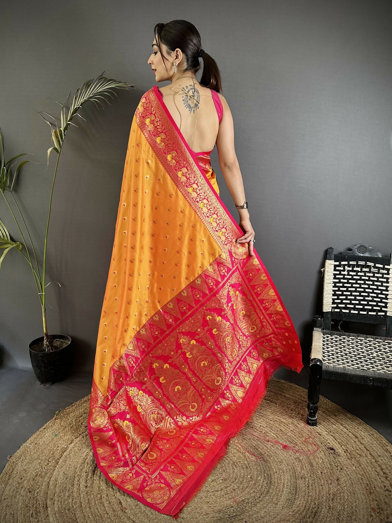 Joban Fashion Orange Intricate Motifs Soft Silk Banarasi Saree