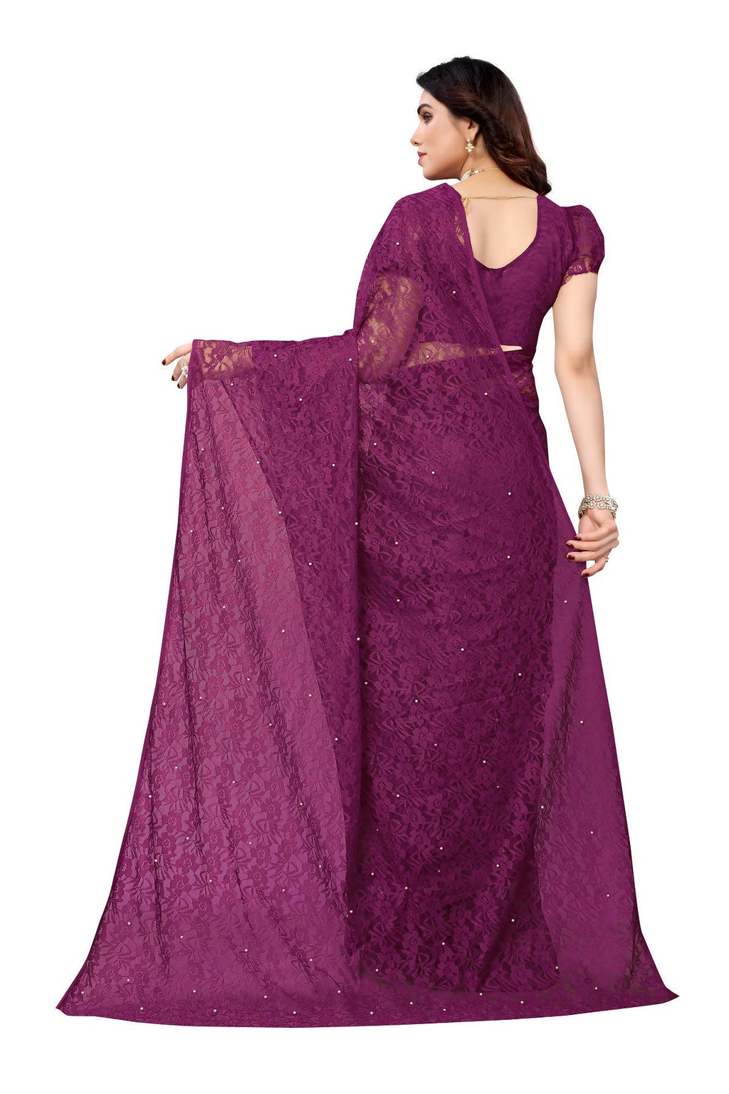 Vamika Ethnic Fire Purple Pearls Net Saree - Distacart