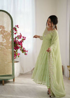Teeya Creation Pista Color Faux georgette Embroidery Work Wedding Wear Gown - Distacart