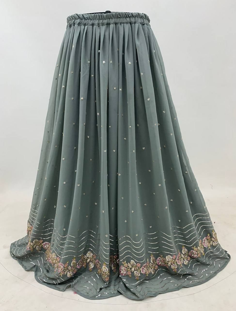 Lorenvalley Fashion Grey Faux Georgette Embroidery with Sequince Work Salwar Lehenga Stitched