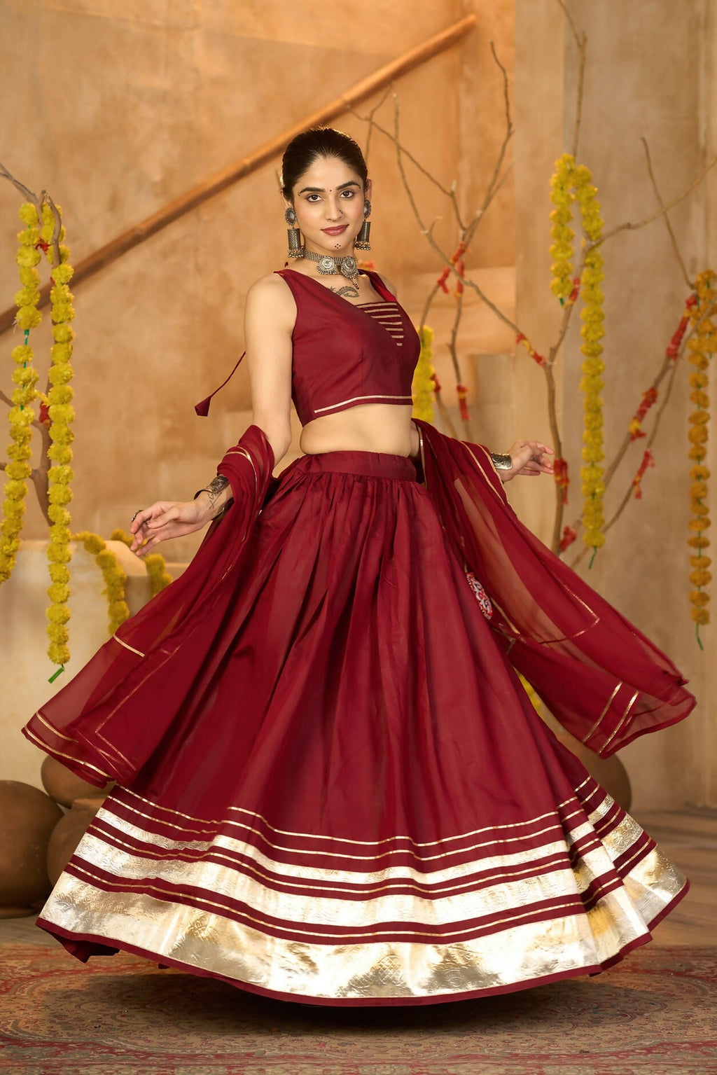 AI Fashion Maroon Silk Crepe Designer Navratri Wear Lehenga Choli Collection