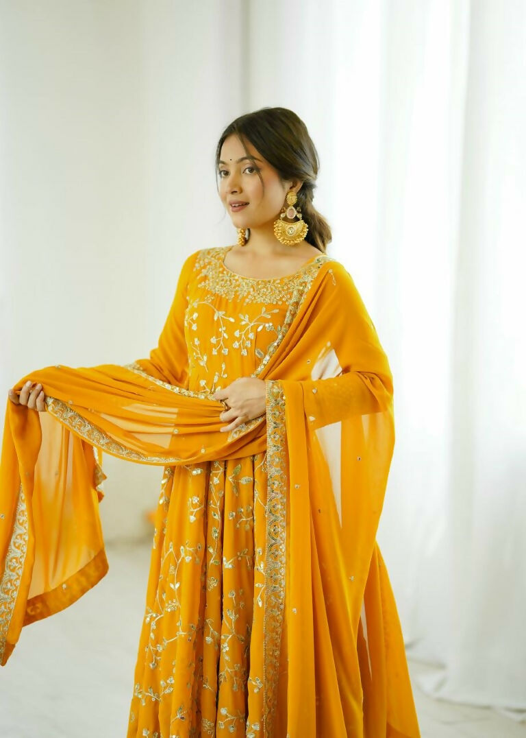 Teeya Creation Yellow Color Heavy Faux Georgette Embroidery Work Gown - Distacart