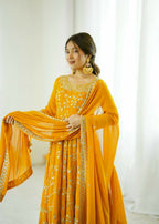 Teeya Creation Yellow Color Heavy Faux Georgette Embroidery Work Gown - Distacart