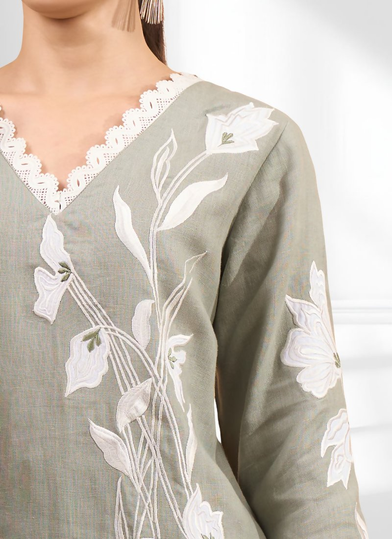 Joban Fashion Gray Linen Embroidered Readymade Long Kurta With Pant - Distacart
