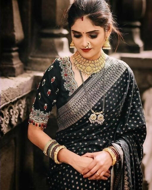DEIANA'S Beautiful Designer Golden zari Soft Lichi Silk Saree - Black