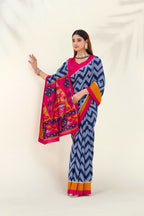 Vastranavya Blue Tussar Silk Zigzag Waves Printed Saree with Unstitched Blouse - Distacart