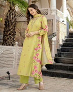 The52 Lemons Women's Beautiful Chanderi Fabric Printed Work Straight Kurta Pant and Dupatta Set - Distacart