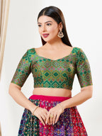 Joban Fashion Green Multi Brocade Padded Blouse With Sweetheart Neck Elbow Sleeves - Distacart