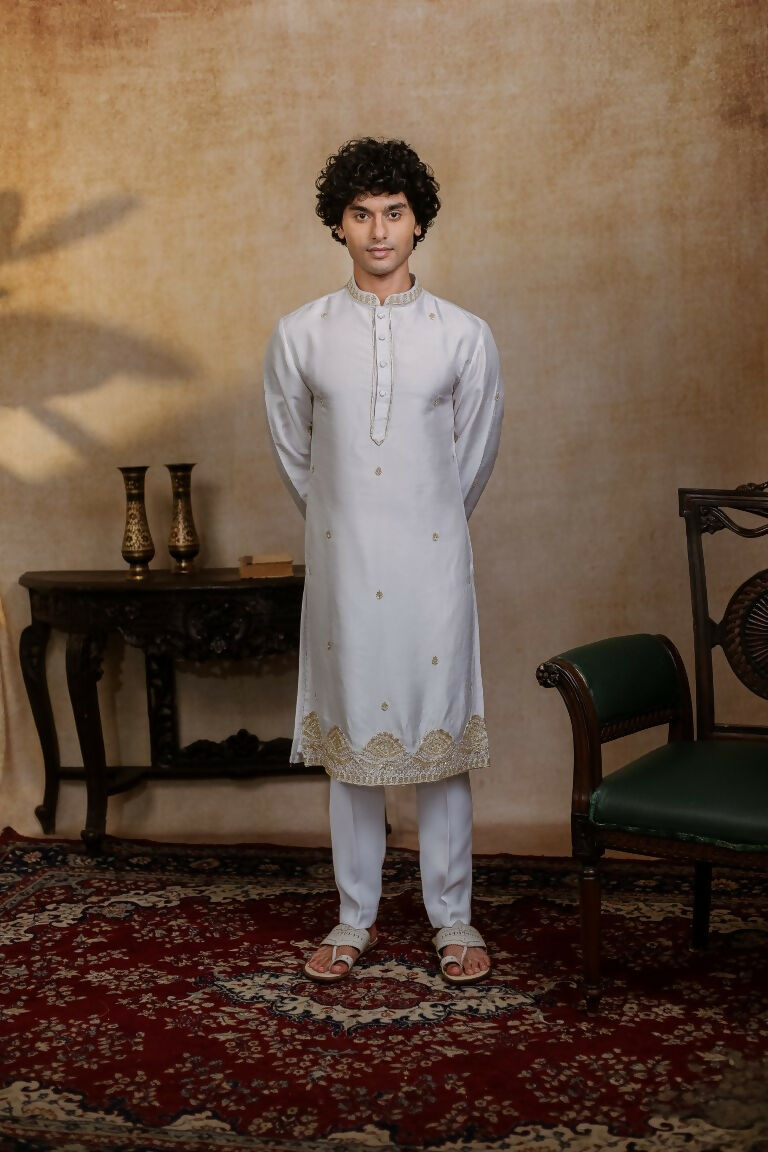 Falling Raw Silk White Mandala Kurta Set By Hilo Design