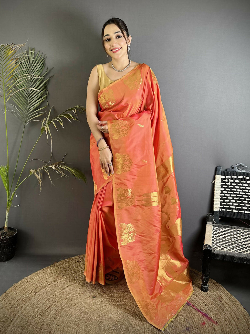Joban Fashion Orange Motifs Zari Weaving Soft Silk Banarasi Saree