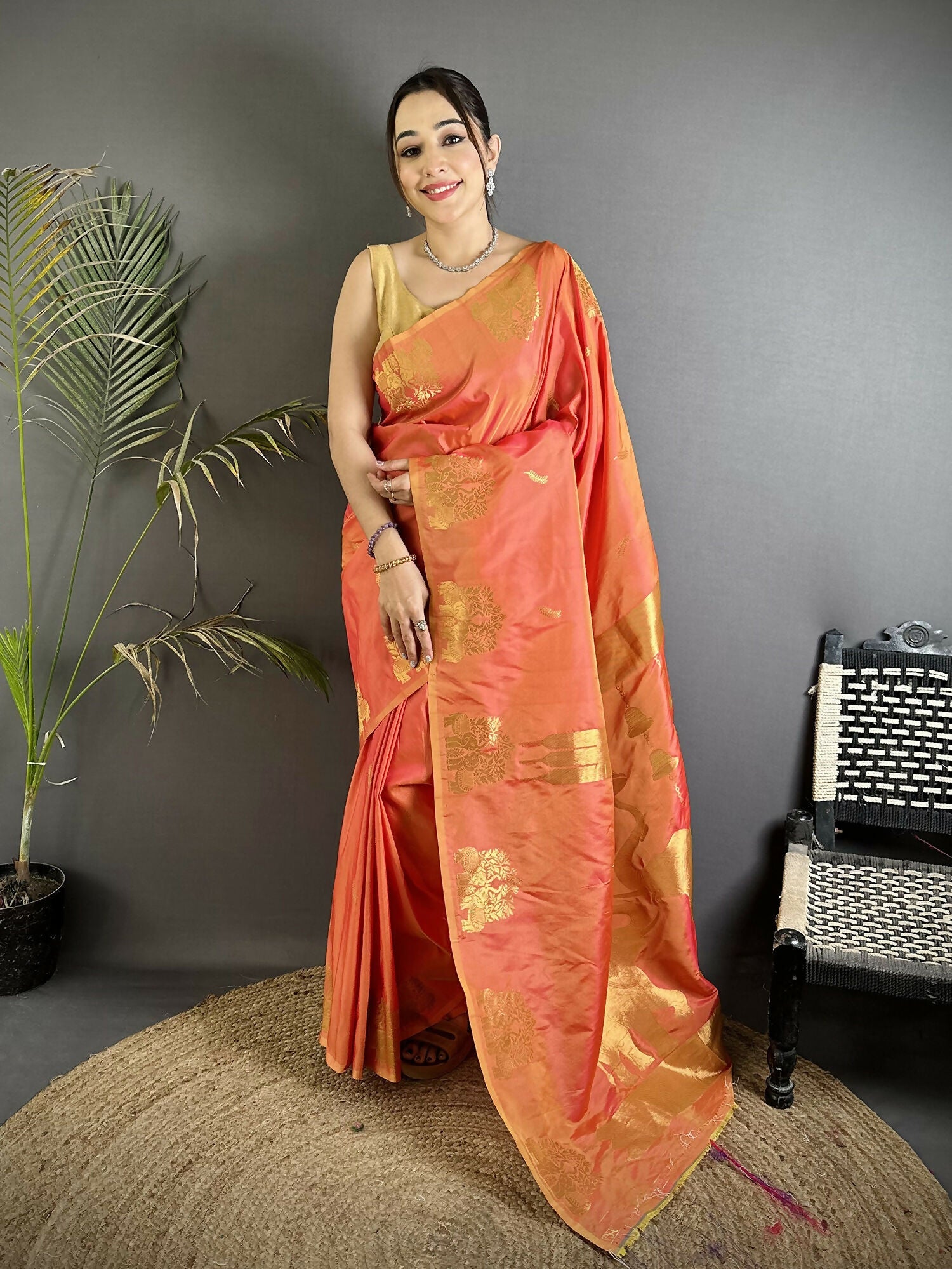Joban Fashion Orange Motifs Zari Weaving Soft Silk Banarasi Saree