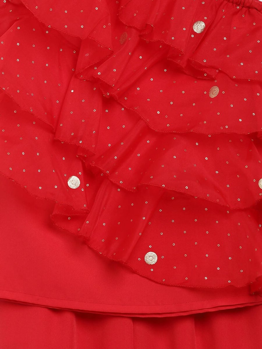 Ahalyaa Red Georgette Ruffel Kids Top With Bottom For Girls